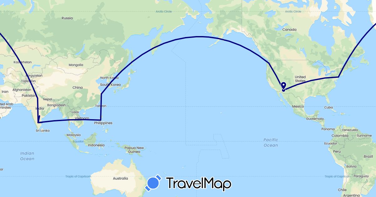 TravelMap itinerary: driving in China, India, Philippines, United States (Asia, North America)